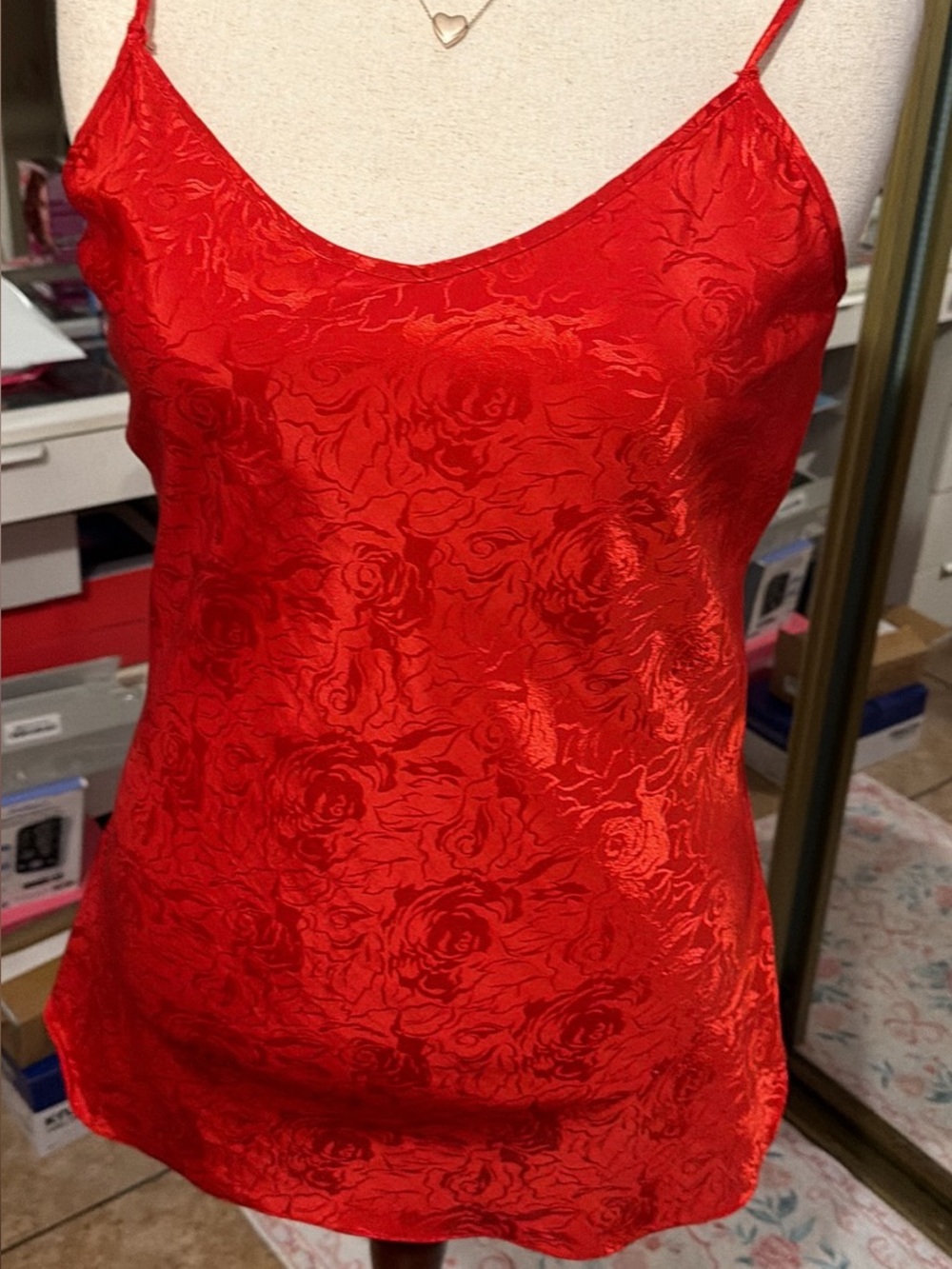 Women's Red Floral Jacquard Satin Cami Slip